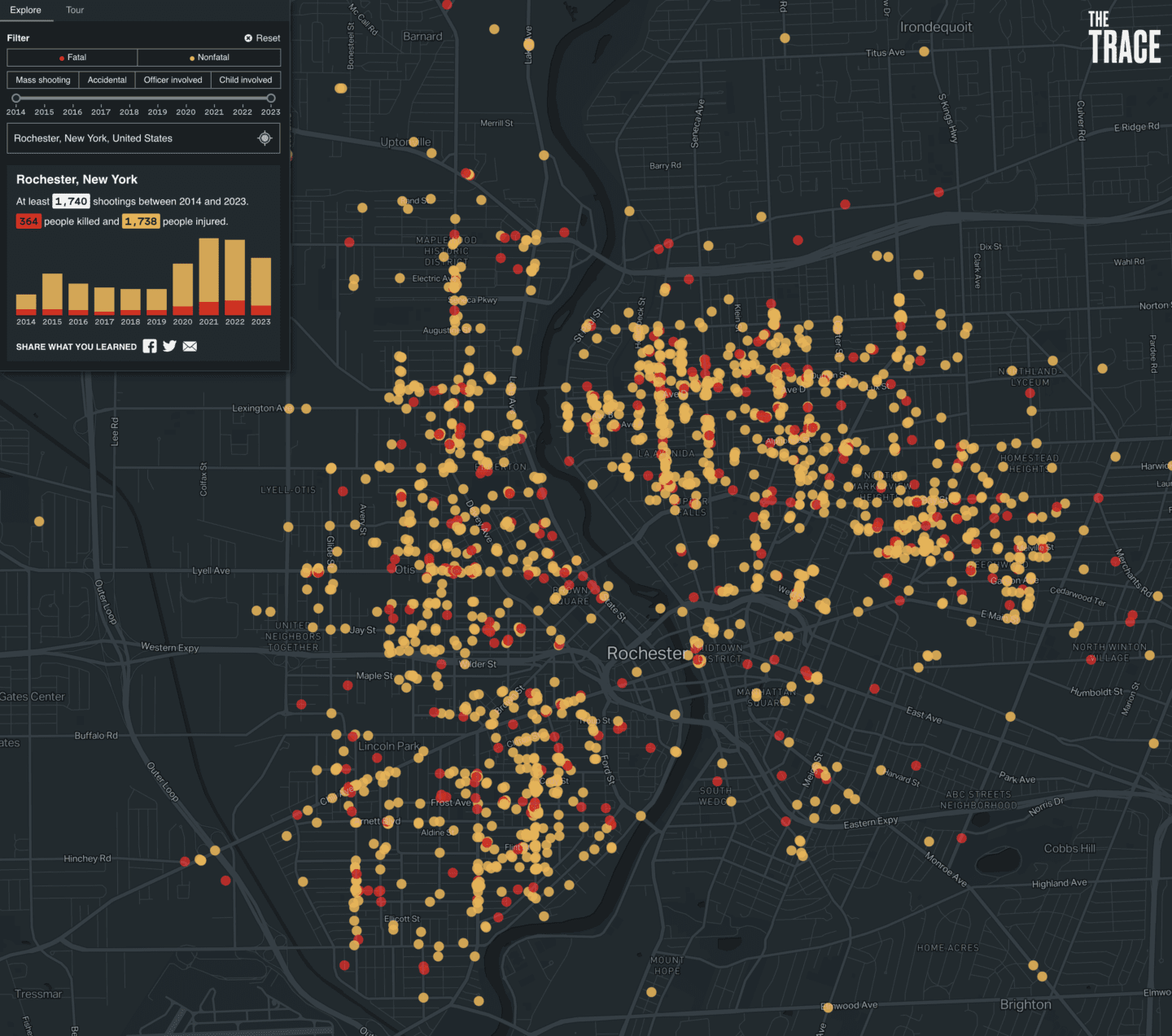 A screenshot of The Trace's Atlas of Gun Violence, zoomed to Rochester, New York.